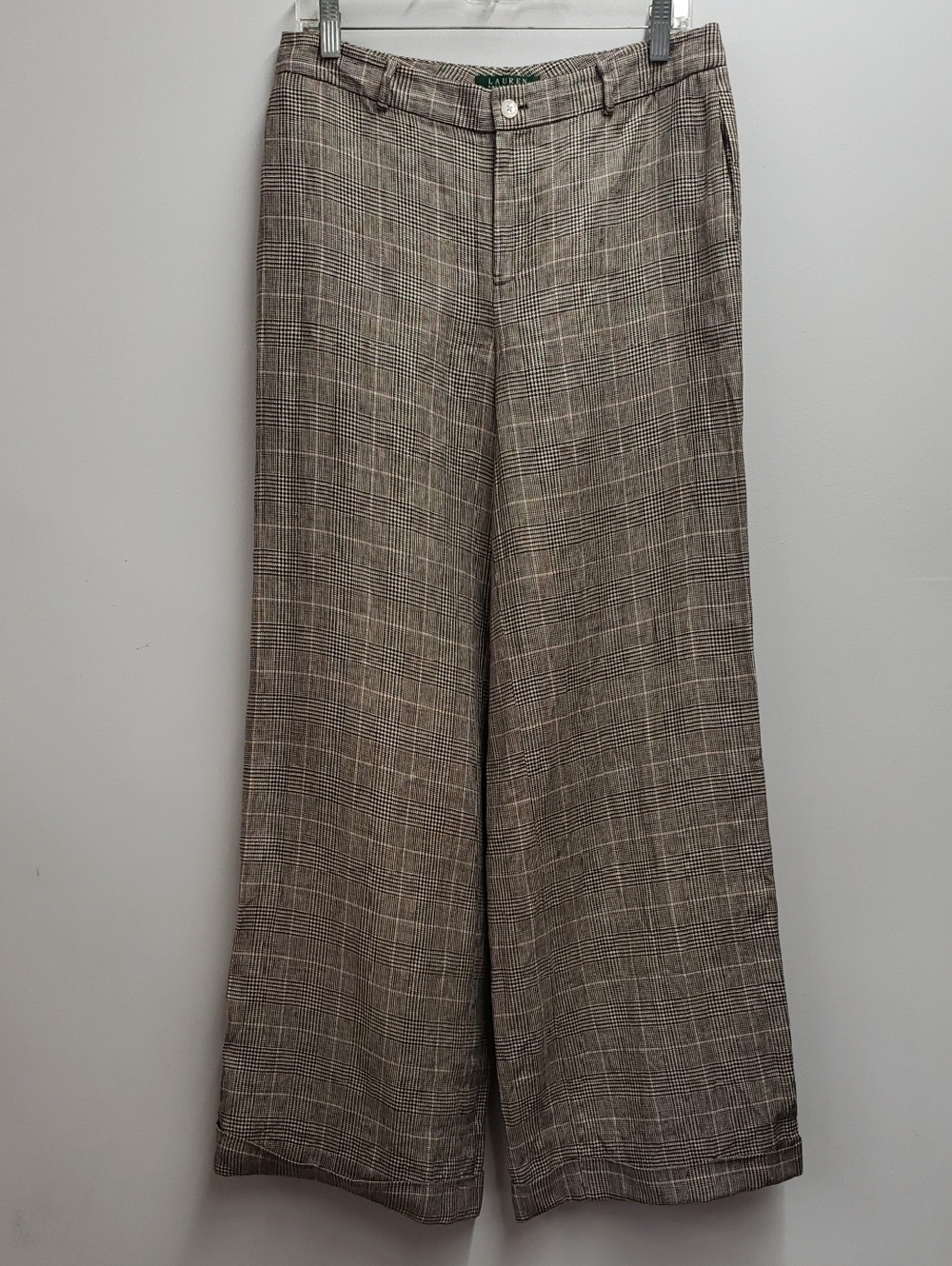 Lauren Ralph Lauren Linen Wide Leg Plaid Trousers Taupe and Cream Lined Size 8